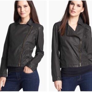 EILEEN FISHER Black Waxed Organic Cotton Blend Front Zipper Moto Jacket Size PP
